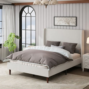 English Elm High Headboard Queen Bed Ivory Chenille Upholstered Frame with Solid Wood Slat Support W5819P494207