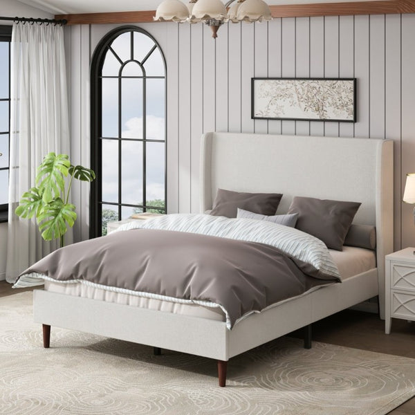 English Elm High Headboard Queen Bed Ivory Chenille Upholstered Frame with Solid Wood Slat Support W5819P494207
