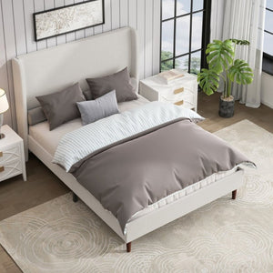 English Elm High Headboard Queen Bed Ivory Chenille Upholstered Frame with Solid Wood Slat Support W5819P494207