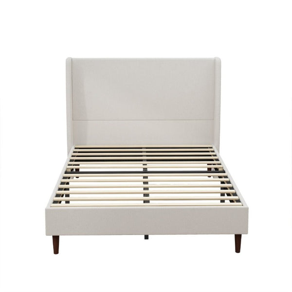 English Elm High Headboard Queen Bed Ivory Chenille Upholstered Frame with Solid Wood Slat Support W5819P494207