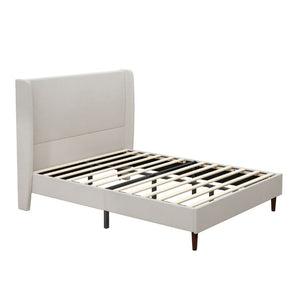 English Elm High Headboard Queen Bed Ivory Chenille Upholstered Frame with Solid Wood Slat Support W5819P494207