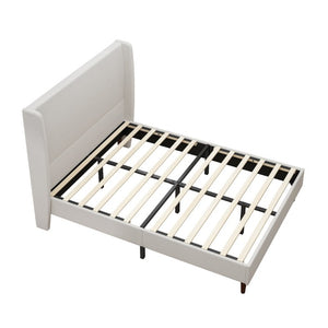 English Elm High Headboard Queen Bed Ivory Chenille Upholstered Frame with Solid Wood Slat Support W5819P494207