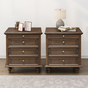 English Elm Farmhouse Pine Wood Nightstand Set with Four Drawers Pull Out Tray and Artisan Legs Walnut Brown W5819P495135