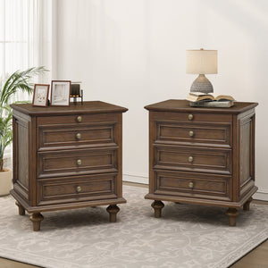 English Elm Farmhouse Pine Wood Nightstand Set with Four Drawers Pull Out Tray and Artisan Legs Walnut Brown W5819P495135
