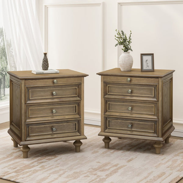 English Elm Farmhouse Pine Wood Nightstand Set with Four Drawers Pull Out Tray and Artisan Legs Light Brown W5819P495143