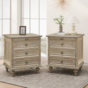 English Elm Farmhouse Pine Wood Nightstand Set with Four Drawers Pull Out Tray and Artisan Legs Natural+White W5819P495152
