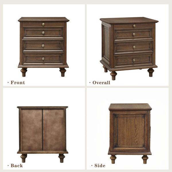 English Elm Farmhouse Nightstand Pine Wood Four Drawer Storage with Pull Out Tray and Gourd Legs Walnut Brown W5819P495154