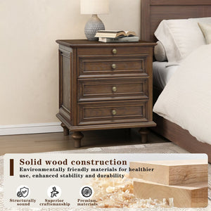 English Elm Farmhouse Nightstand Pine Wood Four Drawer Storage with Pull Out Tray and Gourd Legs Walnut Brown W5819P495154