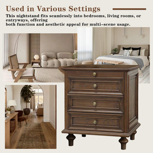 English Elm Farmhouse Nightstand Pine Wood Four Drawer Storage with Pull Out Tray and Gourd Legs Walnut Brown W5819P495154