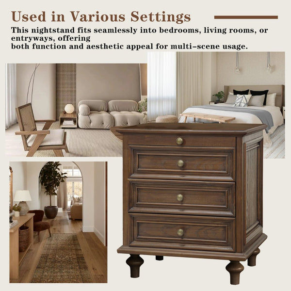 English Elm Farmhouse Nightstand Pine Wood Four Drawer Storage with Pull Out Tray and Gourd Legs Walnut Brown W5819P495154
