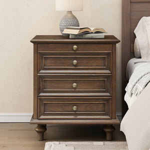 English Elm Farmhouse Nightstand Pine Wood Four Drawer Storage with Pull Out Tray and Gourd Legs Walnut Brown W5819P495154