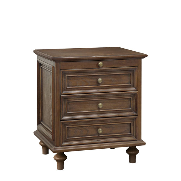 English Elm Farmhouse Nightstand Pine Wood Four Drawer Storage with Pull Out Tray and Gourd Legs Walnut Brown W5819P495154