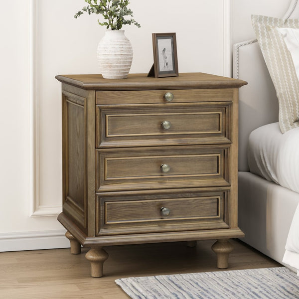 English Elm Farmhouse Nightstand Pine Wood Four Drawer Storage with Pull Out Tray and Gourd Legs Light Brown W5819P495155