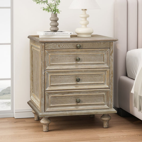 English Elm Farmhouse Nightstand Pine Wood Four Drawer Storage with Pull Out Tray and Gourd Legs Natural+White W5819P495156
