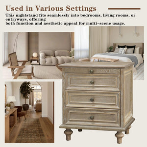 English Elm Farmhouse Nightstand Pine Wood Four Drawer Storage with Pull Out Tray and Gourd Legs Natural+White W5819P495156