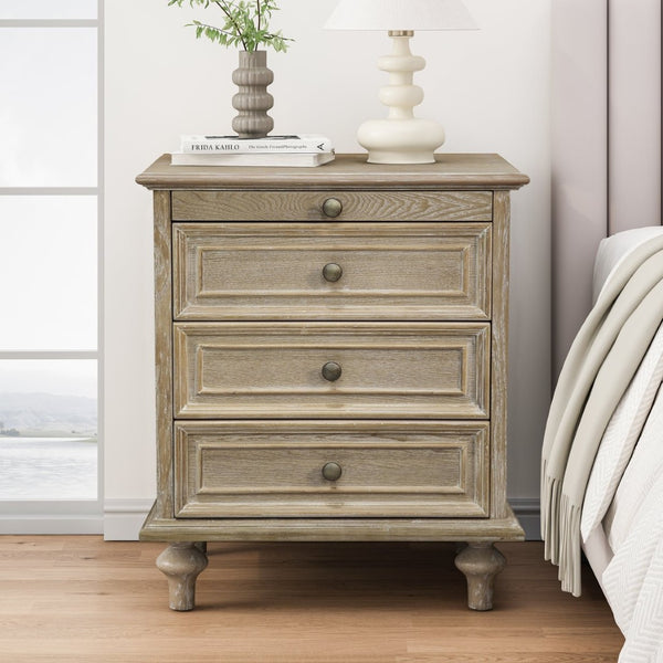English Elm Farmhouse Nightstand Pine Wood Four Drawer Storage with Pull Out Tray and Gourd Legs Natural+White W5819P495156