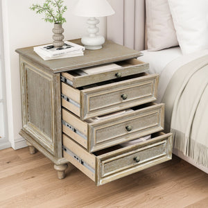English Elm Farmhouse Nightstand Pine Wood Four Drawer Storage with Pull Out Tray and Gourd Legs Natural+White W5819P495156
