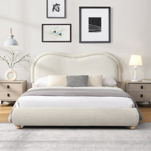 English Elm Queen Upholstered Platform Bed Curved Chenille Headboard Oak Legs Wooden Slats W5819P499526