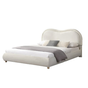 English Elm Queen Upholstered Platform Bed Curved Chenille Headboard Oak Legs Wooden Slats W5819P499526