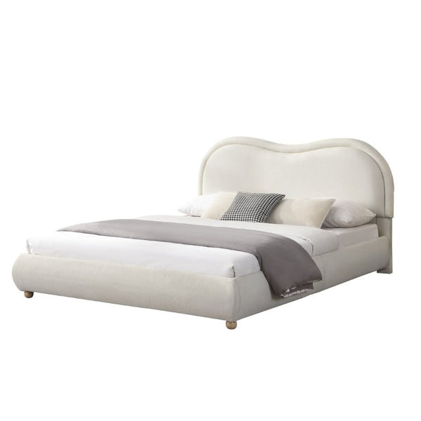 English Elm Queen Upholstered Platform Bed Curved Chenille Headboard Oak Legs Wooden Slats W5819P499526