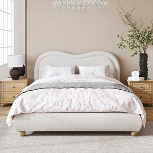 English Elm Queen Upholstered Platform Bed Curved Chenille Headboard Oak Legs Wooden Slats W5819P499526