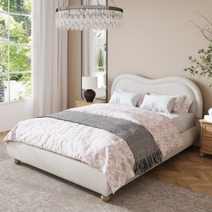 English Elm Queen Upholstered Platform Bed Curved Chenille Headboard Oak Legs Wooden Slats W5819P499526