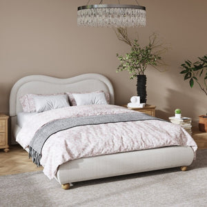 English Elm Queen Upholstered Platform Bed Curved Chenille Headboard Oak Legs Wooden Slats W5819P499526