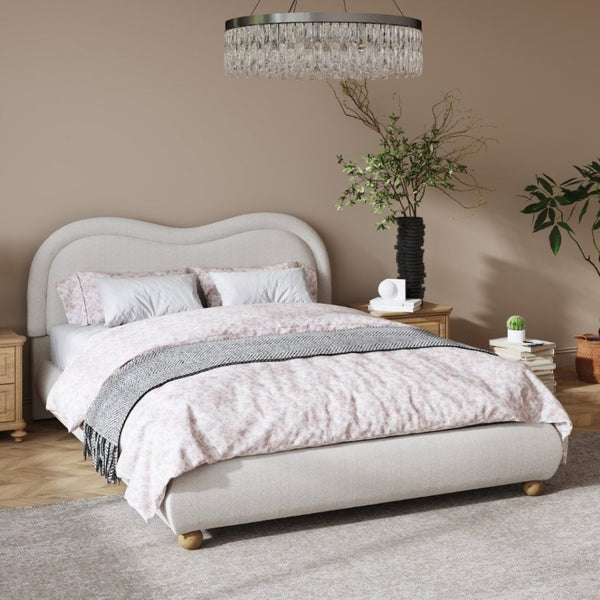 English Elm Queen Upholstered Platform Bed Curved Chenille Headboard Oak Legs Wooden Slats W5819P499526