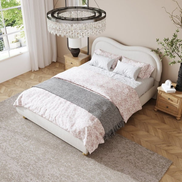 English Elm Queen Upholstered Platform Bed Curved Chenille Headboard Oak Legs Wooden Slats W5819P499526