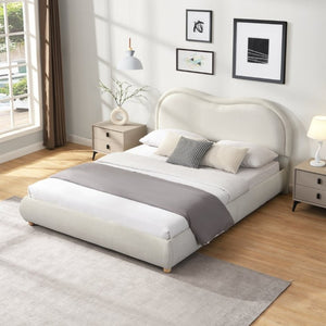 English Elm Queen Upholstered Platform Bed Curved Chenille Headboard Oak Legs Wooden Slats W5819P499526