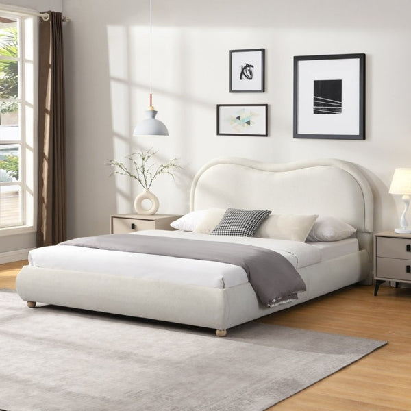 English Elm Queen Upholstered Platform Bed Curved Chenille Headboard Oak Legs Wooden Slats W5819P499526
