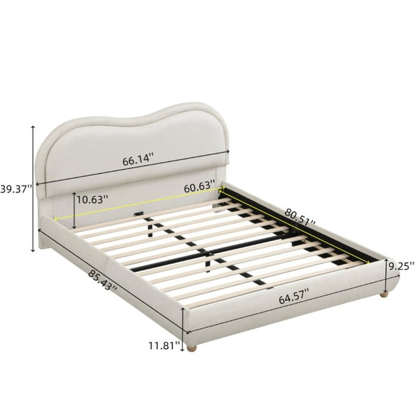 English Elm Queen Upholstered Platform Bed Curved Chenille Headboard Oak Legs Wooden Slats W5819P499526