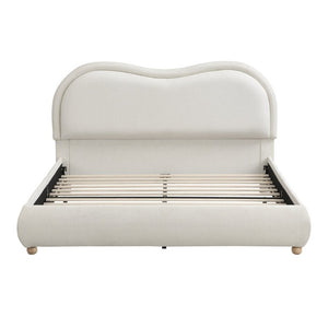 English Elm Queen Upholstered Platform Bed Curved Chenille Headboard Oak Legs Wooden Slats W5819P499526