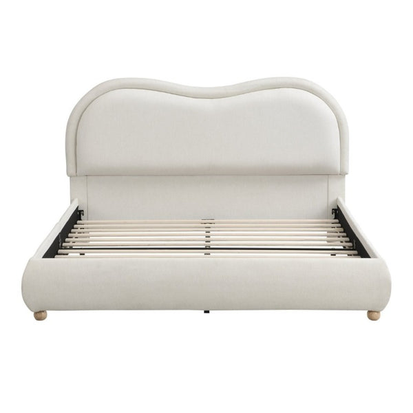 English Elm Queen Upholstered Platform Bed Curved Chenille Headboard Oak Legs Wooden Slats W5819P499526