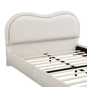 English Elm Queen Upholstered Platform Bed Curved Chenille Headboard Oak Legs Wooden Slats W5819P499526