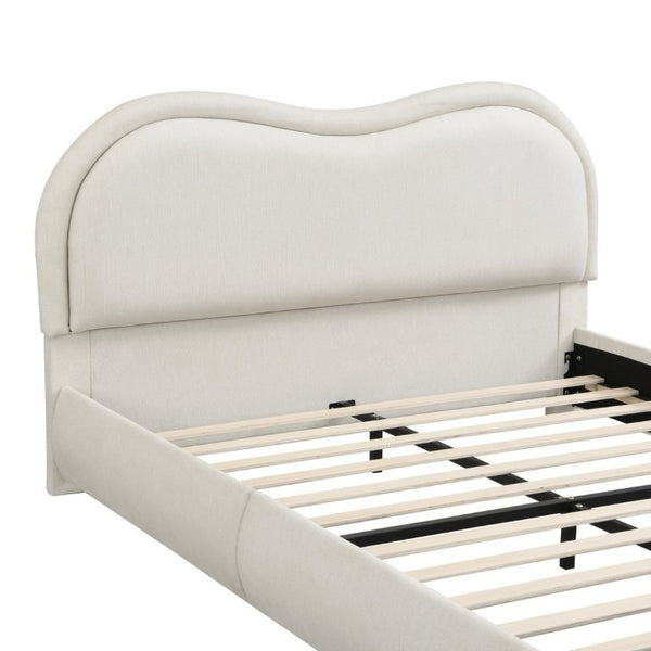 English Elm Queen Upholstered Platform Bed Curved Chenille Headboard Oak Legs Wooden Slats W5819P499526