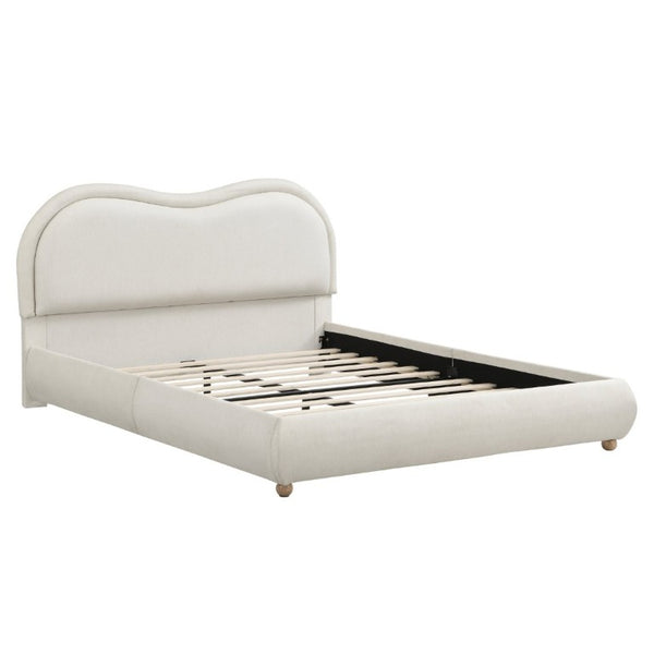 English Elm Queen Upholstered Platform Bed Curved Chenille Headboard Oak Legs Wooden Slats W5819P499526