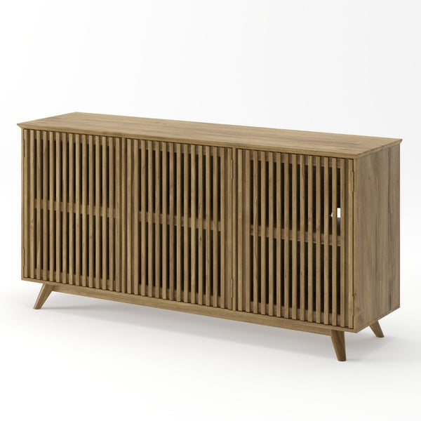 English Elm 58.86" Solid Pine Mid-century Tv Stand with Slatted Push-open Doors and Adjustable Shelf W5819P499978