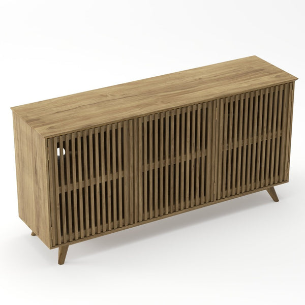 English Elm 58.86" Solid Pine Mid-century Tv Stand with Slatted Push-open Doors and Adjustable Shelf W5819P499978