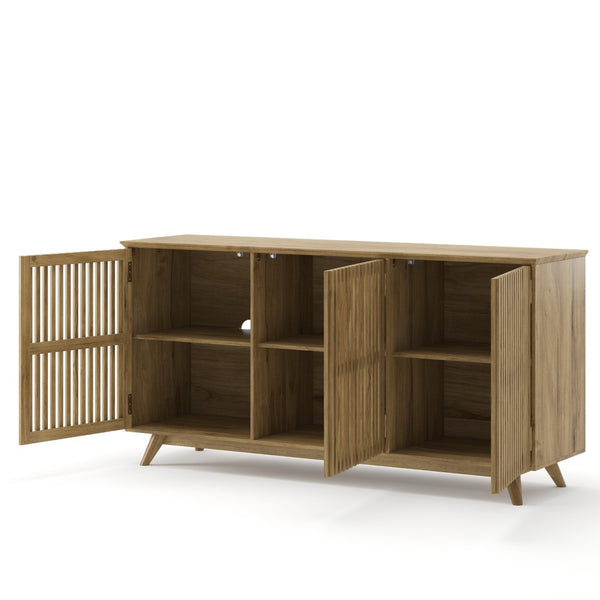 English Elm 58.86" Solid Pine Mid-century Tv Stand with Slatted Push-open Doors and Adjustable Shelf W5819P499978