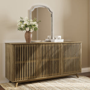 English Elm 58.86" Solid Pine Mid-century Tv Stand with Slatted Push-open Doors and Adjustable Shelf W5819P499978