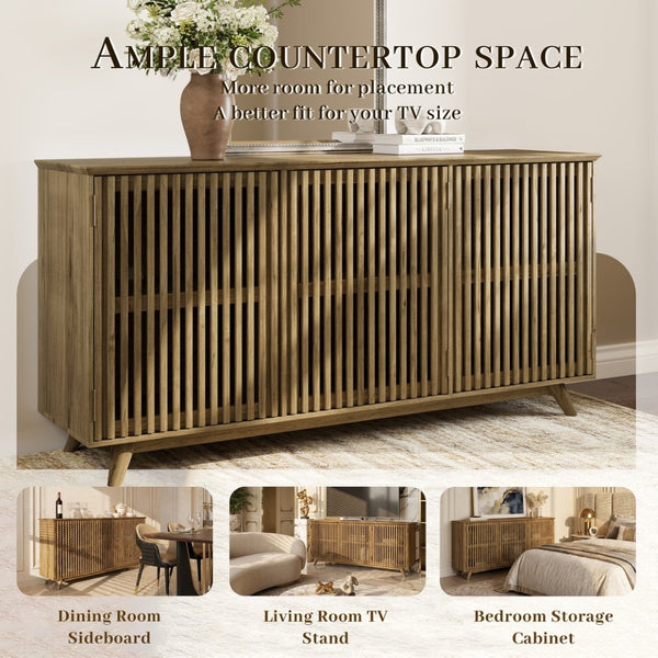 English Elm 58.86" Solid Pine Mid-century Tv Stand with Slatted Push-open Doors and Adjustable Shelf W5819P499978