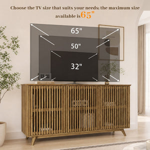 English Elm 58.86" Solid Pine Mid-century Tv Stand with Slatted Push-open Doors and Adjustable Shelf W5819P499978