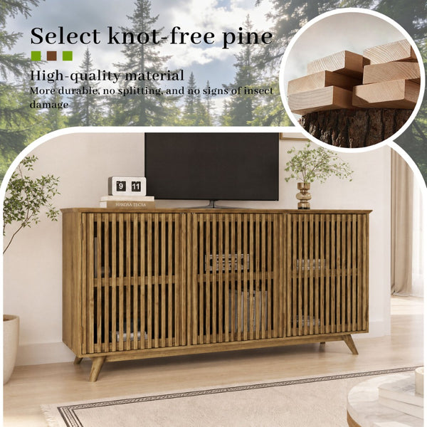 English Elm 58.86" Solid Pine Mid-century Tv Stand with Slatted Push-open Doors and Adjustable Shelf W5819P499978