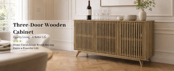 English Elm 58.86" Solid Pine Mid-century Tv Stand with Slatted Push-open Doors and Adjustable Shelf W5819P499978