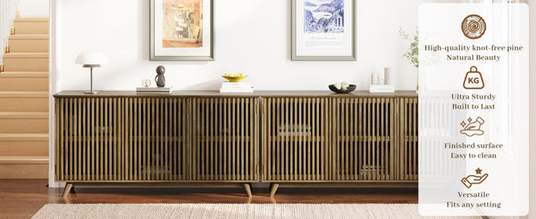 English Elm 58.86" Solid Pine Mid-century Tv Stand with Slatted Push-open Doors and Adjustable Shelf W5819P499978
