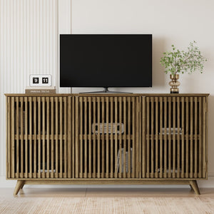 English Elm 58.86" Solid Pine Mid-century Tv Stand with Slatted Push-open Doors and Adjustable Shelf W5819P499978