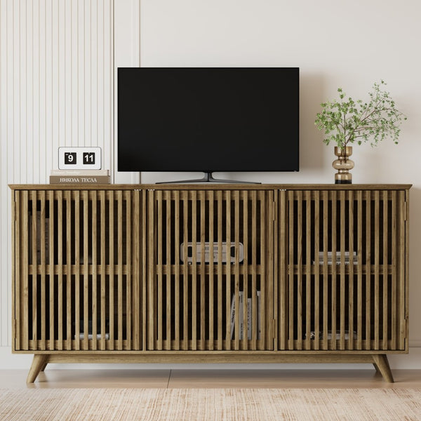 English Elm 58.86" Solid Pine Mid-century Tv Stand with Slatted Push-open Doors and Adjustable Shelf W5819P499978