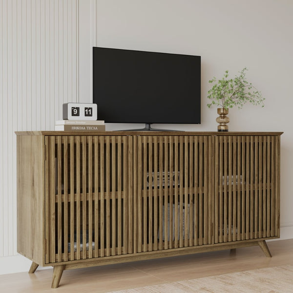 English Elm 58.86" Solid Pine Mid-century Tv Stand with Slatted Push-open Doors and Adjustable Shelf W5819P499978