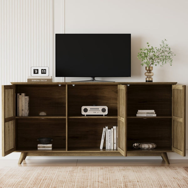 English Elm 58.86" Solid Pine Mid-century Tv Stand with Slatted Push-open Doors and Adjustable Shelf W5819P499978